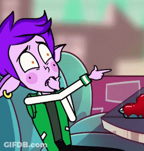 A Cartoon Character With Purple Hair And A Green Jacket Is Pointing At Something GIF