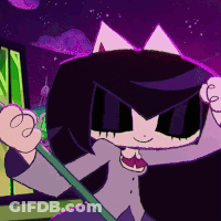 A Cartoon Character With Purple Hair And A Green Stick GIF