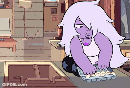 A Cartoon Character With Purple Hair And A Purple Necklace Is Holding A Tray Of Eggs GIF