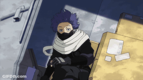 A Cartoon Character With Purple Hair And A Scarf Around His Face GIF