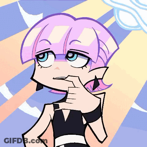 A Cartoon Character With Purple Hair And Blue Eyes Holds Her Hand To Her Chin GIF