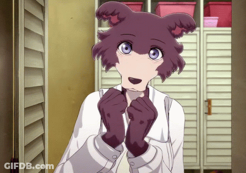 A Cartoon Character With Purple Hair And Blue Eyes Is Standing In A Room GIF
