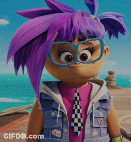 A Cartoon Character With Purple Hair And Glasses Is Wearing A Vest And Tie GIF