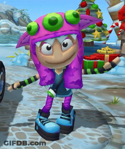 A Cartoon Character With Purple Hair And Green Eyes Is Holding A Gift Box GIF