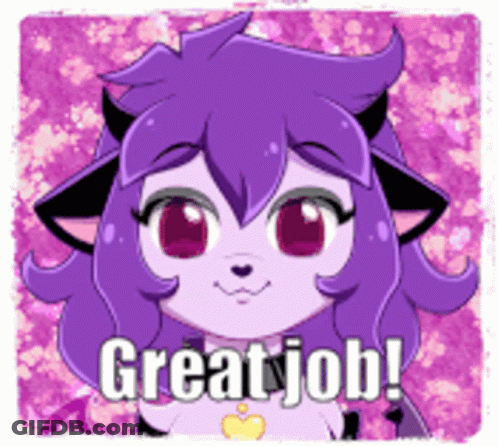 A Cartoon Character With Purple Hair And Horns Says Great Job . GIF