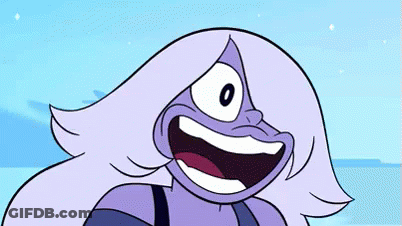 A Cartoon Character With Purple Hair And One Eye Is Smiling With Her Mouth Open . GIF