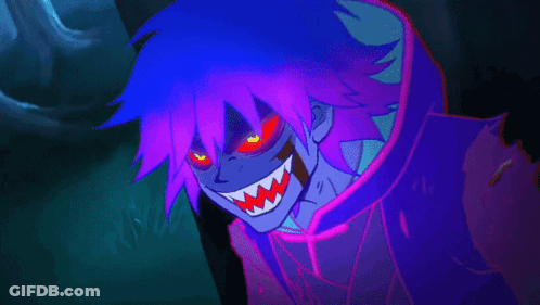 A Cartoon Character With Purple Hair And Red Eyes Has Sharp Teeth GIF