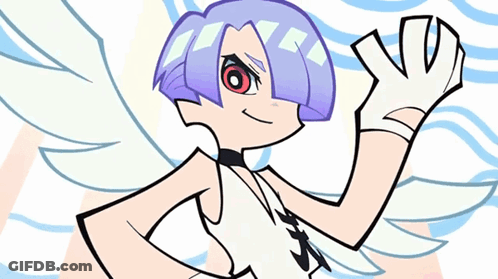 A Cartoon Character With Purple Hair And Red Eyes Waves Her Hand GIF