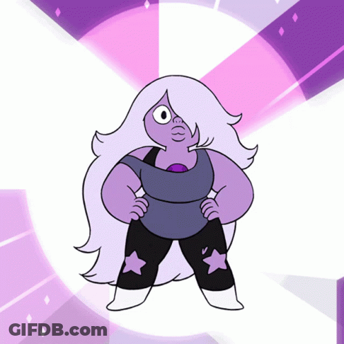 A Cartoon Character With Purple Hair And Stars On Her Pants Is Standing With Her Hands On Her Hips GIF
