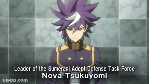 A Cartoon Character With Purple Hair And The Name Nova Tsukuyomi GIF