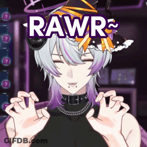 A Cartoon Character With Purple Hair And The Word Rawr Written On It GIF