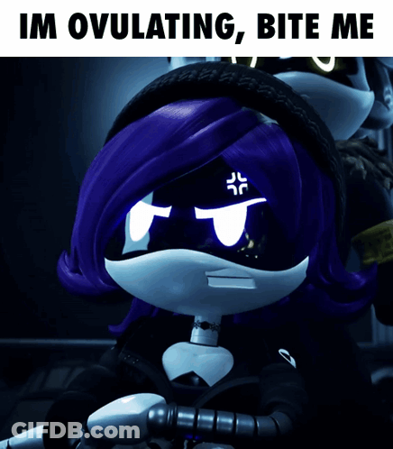 A Cartoon Character With Purple Hair And The Words Im Ovulating Bite Me On The Bottom GIF
