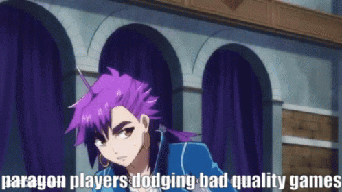 A Cartoon Character With Purple Hair And The Words Paragon Players Dodging Bad Quality Games GIF