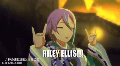 A Cartoon Character With Purple Hair And The Words Riley Ellis On The Bottom GIF