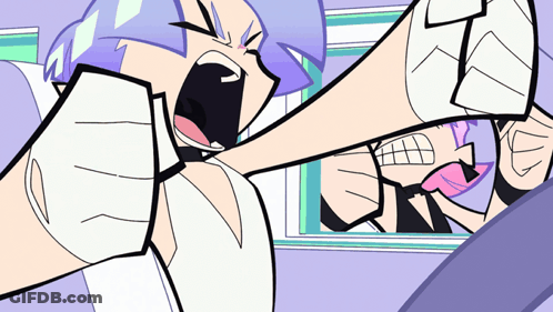 A Cartoon Character With Purple Hair And White Gloves Is Kicking Another Character GIF