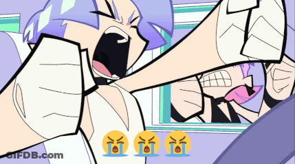 A Cartoon Character With Purple Hair And White Gloves Is Screaming GIF