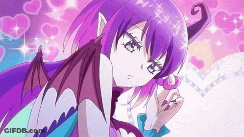 A Cartoon Character With Purple Hair And Wings Has A Pink Heart In The Background GIF