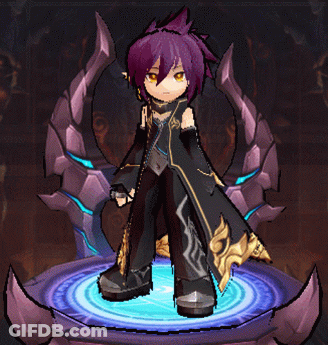 A Cartoon Character With Purple Hair And Yellow Eyes Is Standing On A Blue Circle GIF
