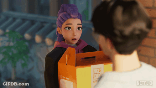A Cartoon Character With Purple Hair Is Holding A Box That Says Netflix On It GIF