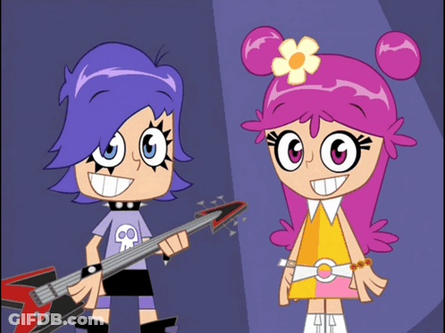 A Cartoon Character With Purple Hair Is Holding A Guitar GIF