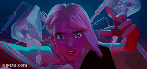 A Cartoon Character With Purple Hair Is Holding A Spider-Man Glove And Pointing . GIF