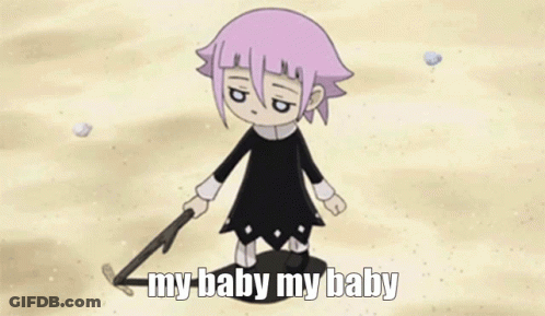 A Cartoon Character With Purple Hair Is Holding A Sword And Says My Baby My Baby GIF