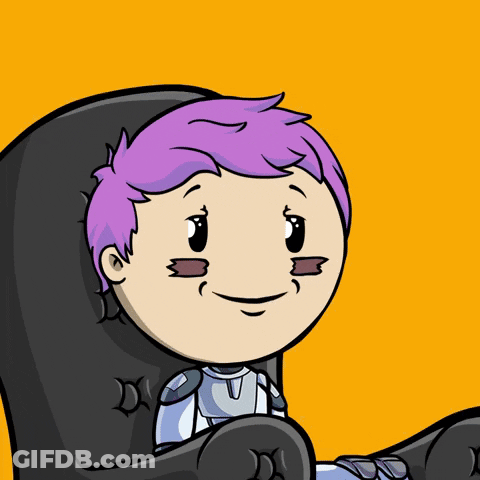 Cartoon Character With Purple Hair Sitting In Black Chair GIF