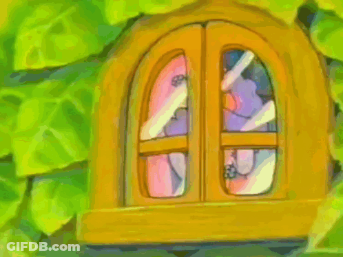 A Cartoon Character With Purple Hair Is Sitting On A Green Leaf GIF