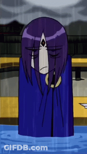 A Cartoon Character With Purple Hair Is Standing In The Water With His Eyes Closed GIF