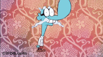 A Cartoon Character With Purple Hair Is Wearing A Blue Striped Shirt And Blue Shorts . GIF