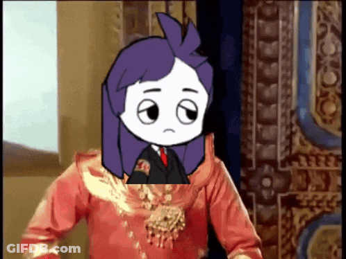 A Cartoon Character With Purple Hair Is Wearing A Red Jacket With A Badge On It GIF