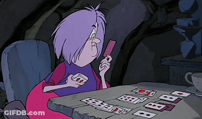 A Cartoon Character With Purple Hair Playing Cards GIF