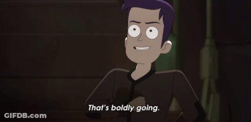 A Cartoon Character With Purple Hair Says " That 'S Boldly Going " GIF