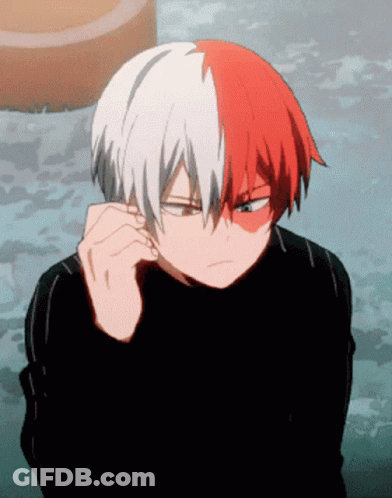 A Cartoon Character With Red And White Hair And A Black Shirt GIF