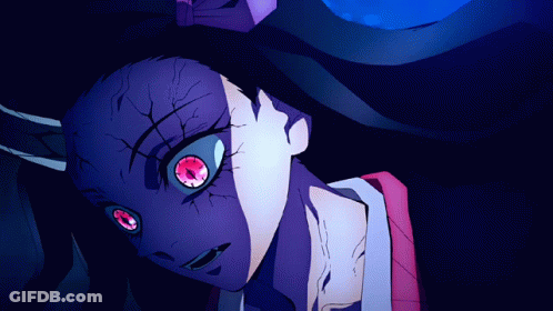 A Cartoon Character With Red Eyes And A Purple Background GIF