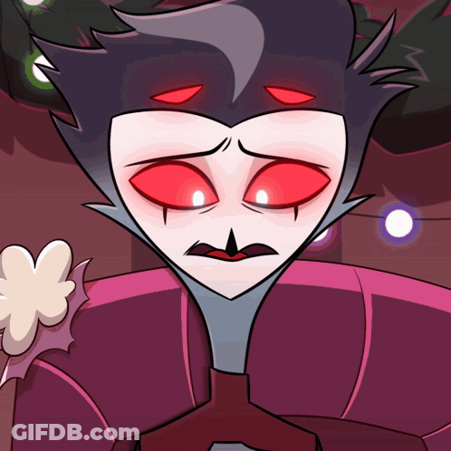 A Cartoon Character With Red Eyes And A Purple Shirt GIF
