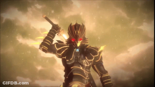 A Cartoon Character With Red Eyes And A Sword GIF