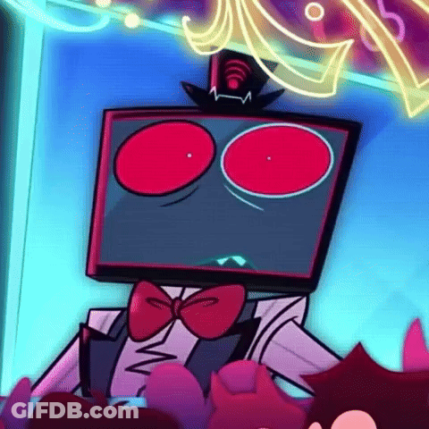 A Cartoon Character With Red Eyes And A Top Hat Is Sitting In Front Of A Crowd . GIF