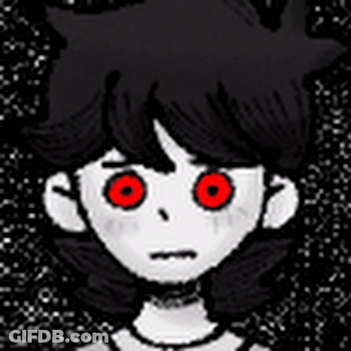 A Cartoon Character With Red Eyes And Black Hair Is Looking At The Camera . GIF