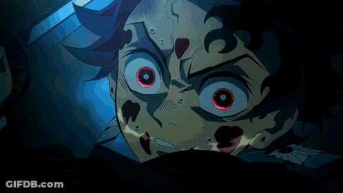 A Cartoon Character With Red Eyes And Blood On His Face GIF
