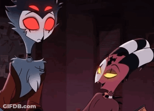 Red-Eyed Horned Cartoon Looking At Another Character GIF