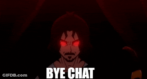 A Cartoon Character With Red Eyes And The Words Bye Chat GIF