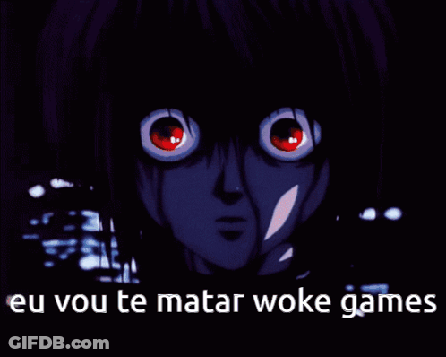 A Cartoon Character With Red Eyes And The Words Eu Vou Te Matar Woke Games Below Him GIF