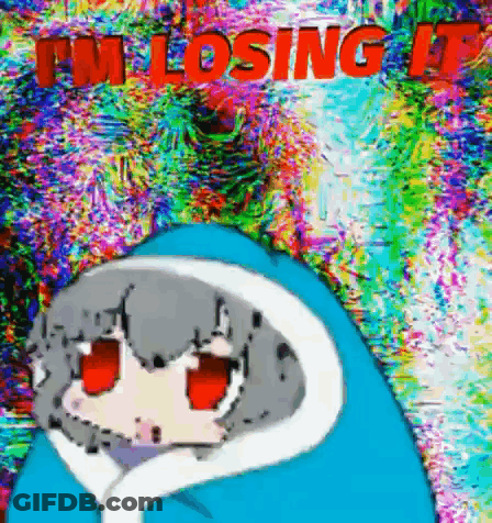 A Cartoon Character With Red Eyes And The Words " I 'M Losing It " In Red GIF