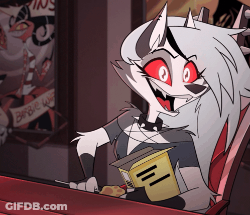 A Cartoon Character With Red Eyes Is Reading A Book And Holding A Box Of Chips GIF