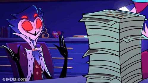 A Cartoon Character With Red Eyes Is Sitting In Front Of A Stack Of Paper GIF