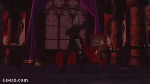 A Cartoon Character With Red Eyes Is Standing In A Dark Room . GIF