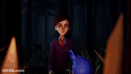 A Cartoon Character With Red Eyes Is Standing In A Dark Room With A Red Curtain Behind Him GIF