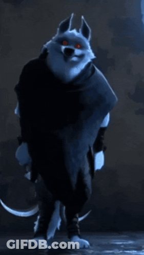 A Cartoon Character With Red Eyes Is Standing In The Dark GIF
