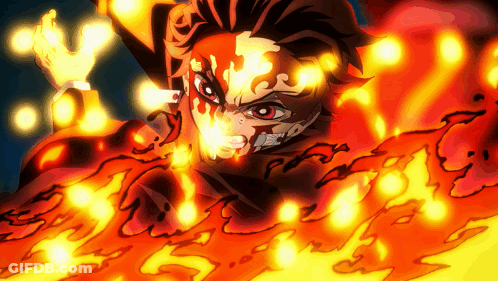A Cartoon Character With Red Eyes Is Surrounded By Flames And Fire GIF